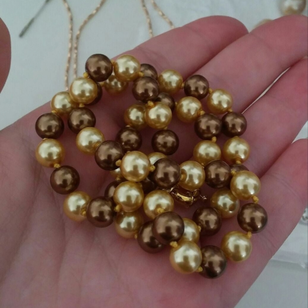 Natural 8mm Freshwater Gold & Brown 18" Pearl Strand Necklace+ Gift Box